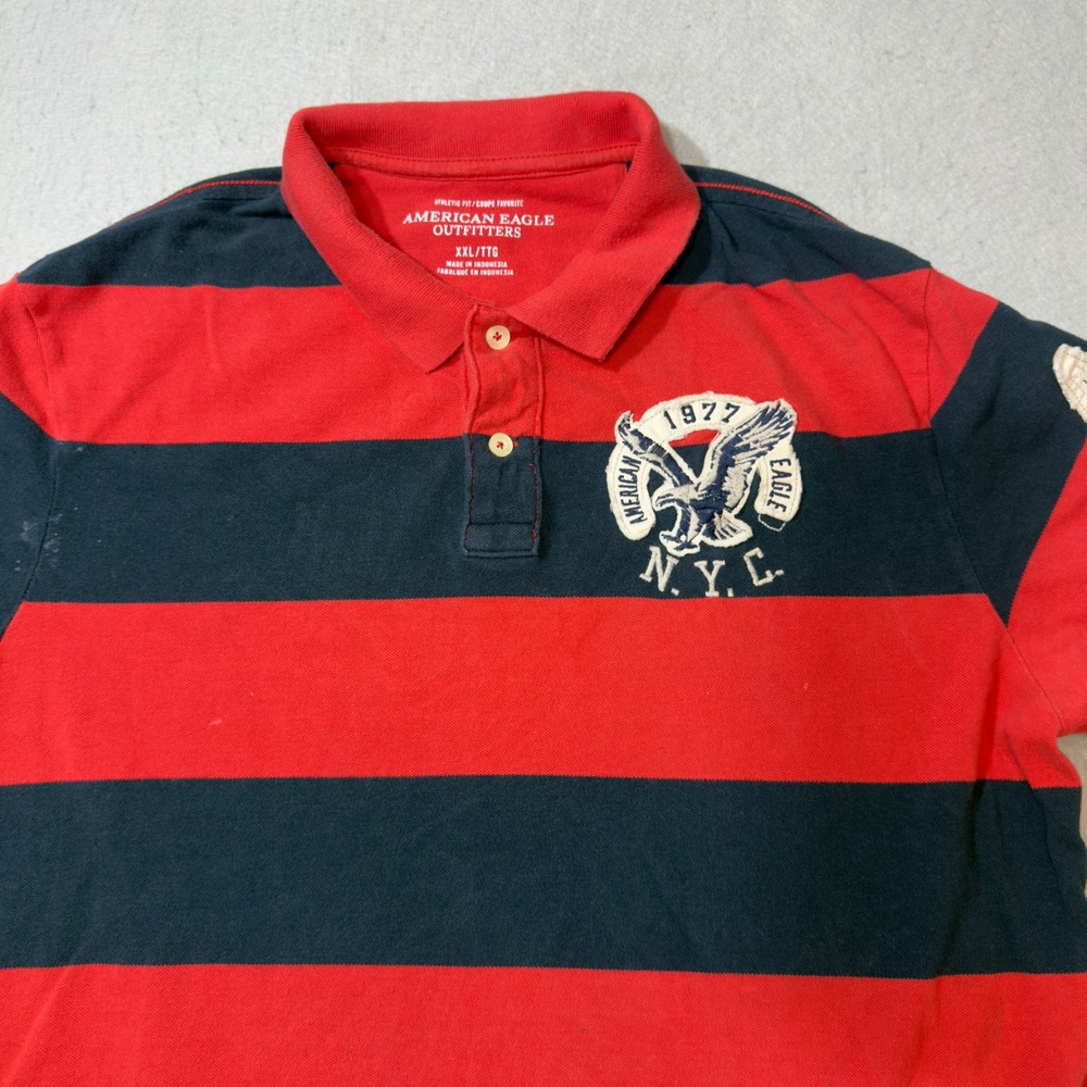 American Eagle Outfitters Mens XXL Red Navy Striped 1977 NYC Eagle Polo Shirt